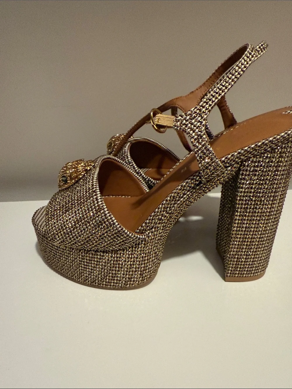 Ted Baker Brown and Gold Tweed Platform Slingback Sandals